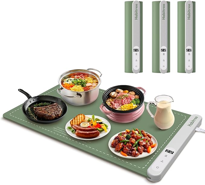3-Pack Silicone Food Warming Mat & Food Warmers for Parties Buffet - Rapid Heating 6-Level Temp Control, Rollable Portable Easy Clean - Value Set for Gatherings & Home Daily UseοΌGreenοΌ