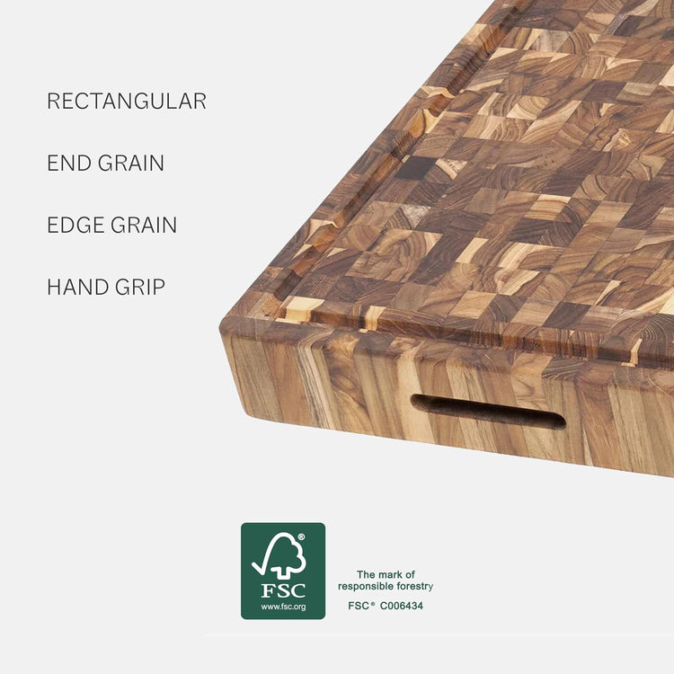 Teakhaus Butcher Block Carving Board - Large Extra Thick Cutting Board with Juice Groove and Grip Handles - Teak End Grain Wood - Knife Friendly - FSC Certified