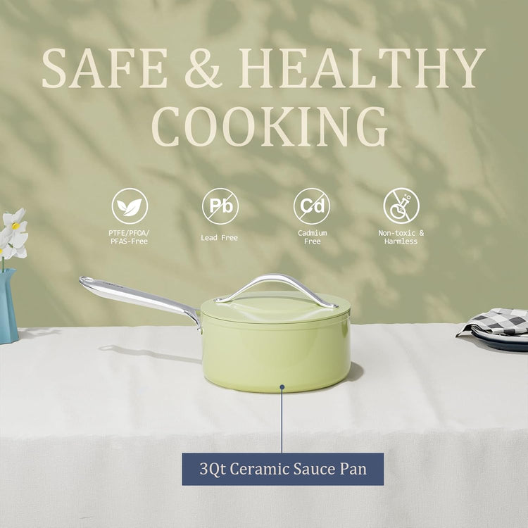 3.5qt Nonstick Ceramic Sauce Pan with Lid (8.19") Even Heat Distribution Non Toxic PFAS Free Healthy Cooking Pot for All Stovetops (Induction/Gas/Electric) Oven Safe 500ยฐF, Avocado Green