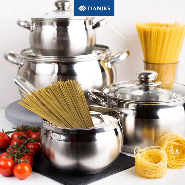 Daniks Classic Frying Pan Included, 12-Piece Stainless Steel Induction Cookware Set â Dishwasher Safe Pots and Saucepan with Lids, Measuring Scale, Silver