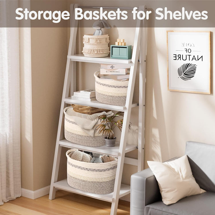 Woven Storage Basket, 3 Pack Brown Rope Basket for Shelves, HandWoven Cotton Rope Basket with Built-in Handles and Labels for Bathroom, Bedroom, Laundry, Pantry, Shelves