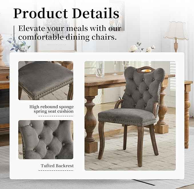 Grey Velvet Dining Chairs Set of 4,Modern Upholstered Dining Room Chairs with Tufted Back and Wood Accents, Curved Solid Wood Legs & Nailhead Trim, Sillas De Comedor Modernas 4