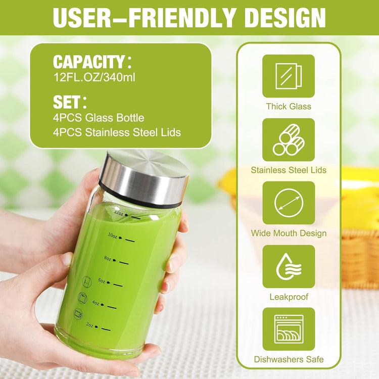 12oz Glass Juice Bottles – 4 Pack Reusable Wide Mouth Bottles with Stainless Steel Lids & Cleaning Brush, BPA-Free Water Bottles for Juicing, Smoothies, Milk, and Protein (360ml)