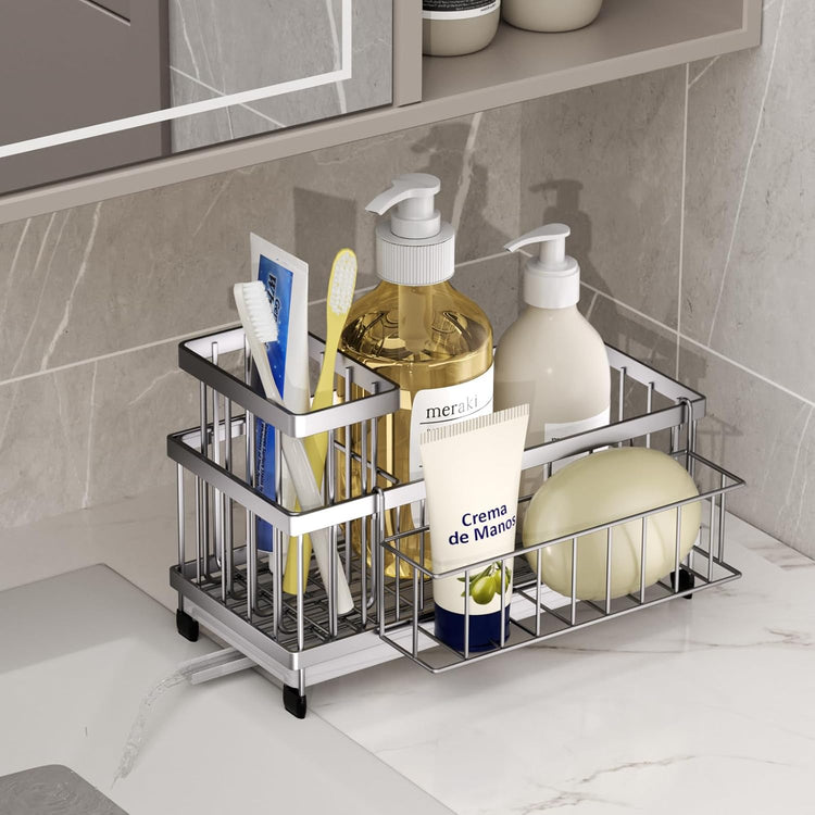SWTYMIKI Sink Caddy Sponge Holder - Large Sponge Holder for Kitchen Sink with 360°Auto-Drain Tray, Rustproof Stainless Steel Kitchen Organizer Caddy for Countertop Organization