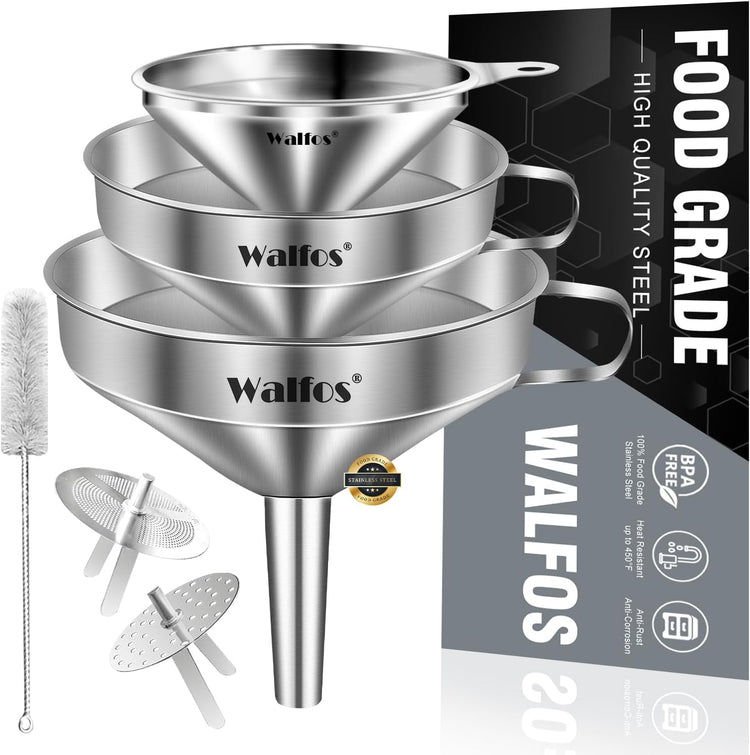 Stainless Steel Funnel, Walfos 3 Different Sizes of Kitchen funnels with 2 Removable Strainer & 1Pcs Cleaning Brush, for Transferring of Liquid, Oils, Jam, Powder