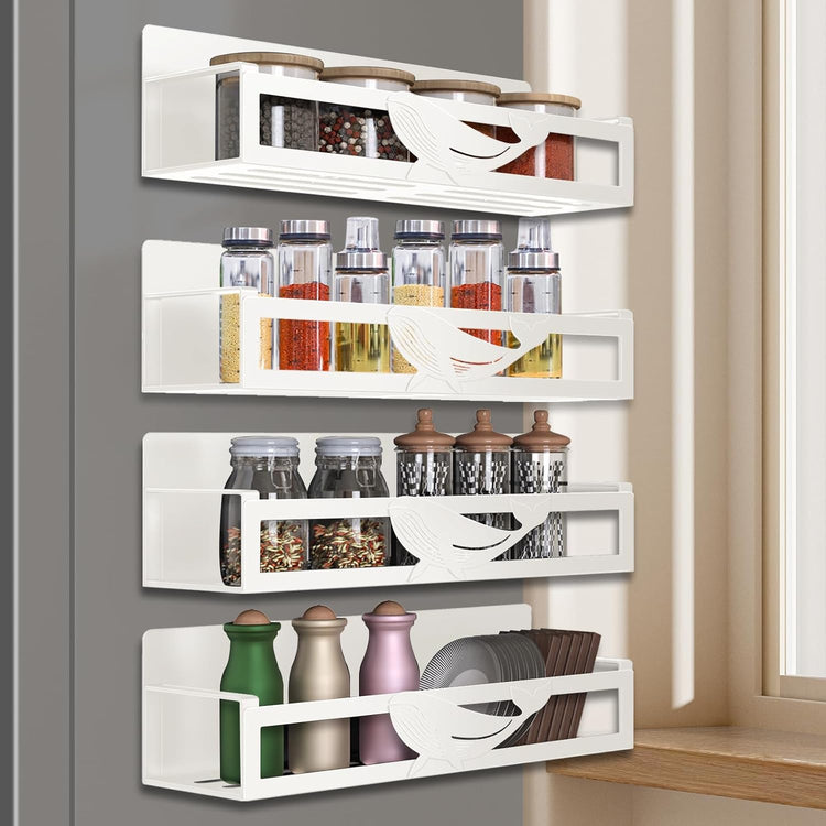 Magnetic Spice Rack for Refrigerator, 4-Pack Metal Seasoning Organizer for Kitchen Storage Organization, Space Saving Magnetic Shelf for Fridge, Pantry, Laundry Room, White