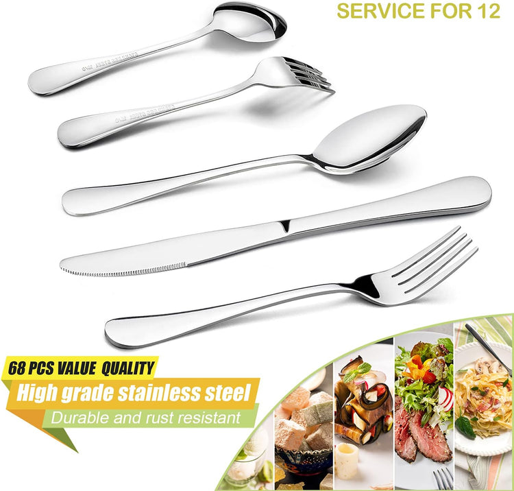 HaWare 68 Pieces Silverware Set with Serving Set, Stainless Steel Modern Flatware Eating Utensils Set, Includes Forks/Spoons/Dinner Knives, Service for 12, Mirror Polished, Dishwasher Safe