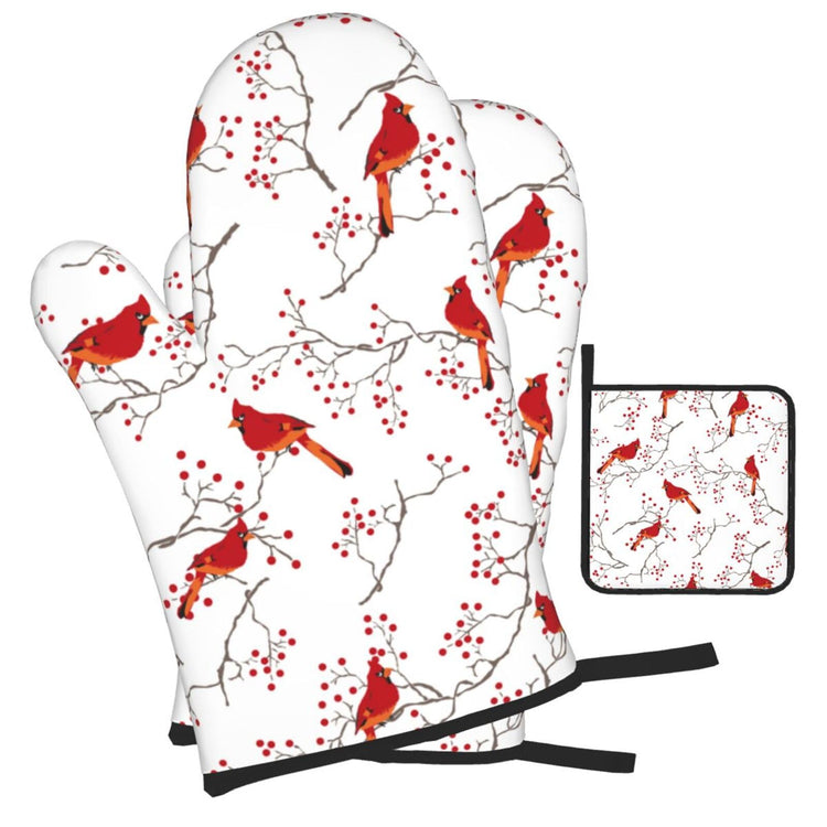 Cardinal Bird Red Berry Decor Oven Mitts and Pot Holders Sets of 3 (3 Count)