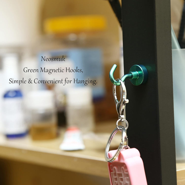 Neosmuk Magnetic Hooks,30lb+ Heavy Duty Earth Magnets with Hook for Refrigerator, Extra Strong Cruise Hook for Hanging, Magnetic Hanger for Curtain, Grill (Green, 15 Pack)