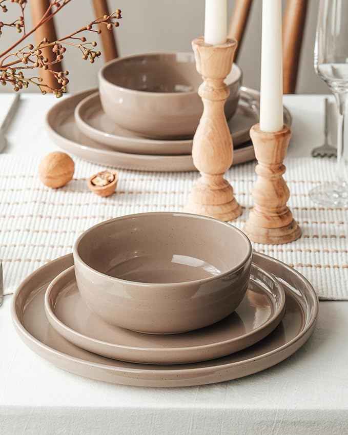 Famiware Milkyway Stoneware Dinnerware Sets with Pasta Bowls, Service for 6 (24 Pieces), Plates and Bowls Sets -Scratch Resistant, Microwave and Dishwasher Safe Dishes Set, Cinnamon Brown
