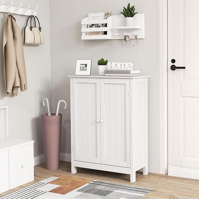 COSTWAY Bathroom Storage Cabinet, Freestanding Bathroom Organizers and Storage with Doors & Adjustable Shelf, Wooden Floor Cabinet for Home, Living Room, Entryway, Kitchen (White)