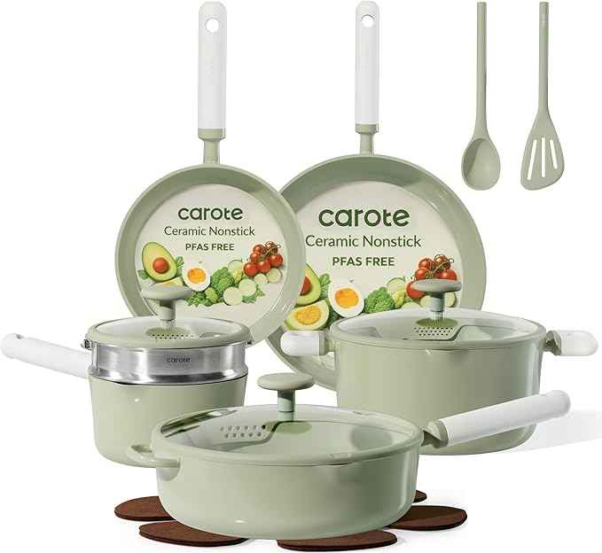 CAROTE Pots and Pans Set Non stick, 15pcs Ceramic Cookware Set Nonstick Non Toxic Cookware,Dishwasher,RV/Camping Cookware Set,Green