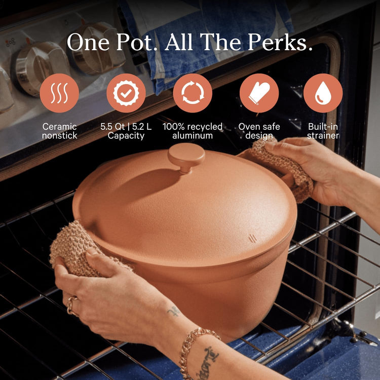 Our Place Perfect Pot - 5.5 Qt. Nonstick Ceramic Sauce Pan with Lid | Versatile Cookware for Stovetop and Oven | Steam, Bake, Braise, Roast | PTFE and PFOA-Free | Toxin-Free, Easy to Clean | Spice - Nestoria