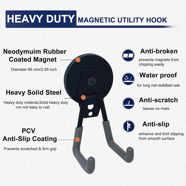 TSUYA 4 Pack Heavy Duty Large Garage Magnet Hooks, Strong Storage Utility Magnetic Hooks with Anti-Slip Rubber Coating for Hanging (Gray Hook, 2.6‘’ Diameter Base)