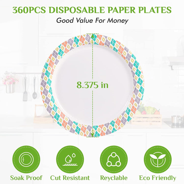FOCUSLINE 360pack Paper Plates 8.375 Inch, Soak Proof Disposable Paper Plates for Everyday Use, 360 Count Plate with Color Checkered Design, Strong and Heavy Duty Round Plate