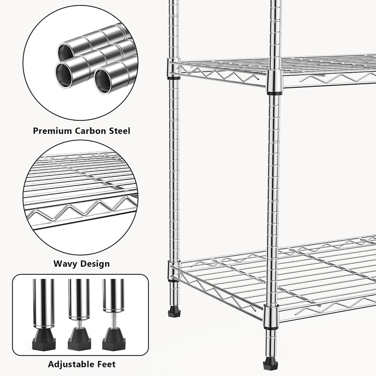 1000 lbs 4Tier Shelf Metal Storage Shelves Wire Rack Closet Organizers with Wheel for Garage Kitchen Bathroom Laundry Chrome 13.7" D x 23.6" W x 53.4" H