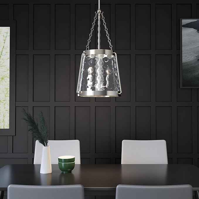 ML Lighting | Adabella Collection | 20403-PN | 3 Light Pendant in Polished Nickel Finish with Clear Hammered Glass Shade | Perfect for Kitchens, Dining Rooms, Living Rooms, Entryways, Hallways