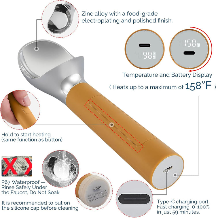 Heated Ice Cream Scoop Rechargeable, Electric Warming Ice Cream Scooper with LED Display, Heats to 158°F for Hard Ice Cream, Easy for Seniors & Kids, IP67 Waterproof (Olive Evergreen, 2oz)