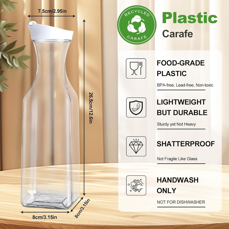 Set of 8 Plastic Carafe with Lid, 1 Liter Carafes for Mimosa Bar,Large Square Base Juice Containers, Water Bottle, Milk Container, Clear Beverage Containers for Fridge