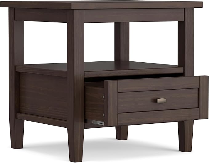 SIMPLIHOME Warm Shaker End Table - 20 inch Wide Solid Wood Side Table in Warm Walnut Brown, Transitional Accent Table for Living Room or Bedroom with Drawer, Open Shelf and Square Tapered Legs