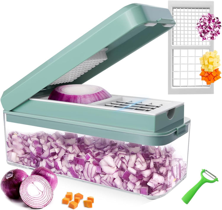 Vegetable Chopper, Onion Dicer, Mandoline Slicer, Food Chopper with Container, Vegetable Cutter for Salad Potato Carrot Garlic(2 Blades, Blue White)