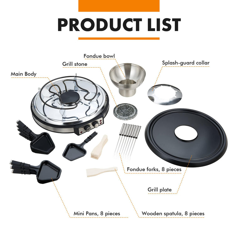 2-in-1 Fondue Pot & Raclette Grill Set, 8 Person, 1500W, 600ml