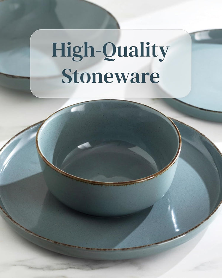 Stoneware dinnerware set 4 persons Rustic 16 pcs - Rustic design dinnerware set, dishwasher safe - Bowl and plate set - Pure Living dinnerware in smoky blue…