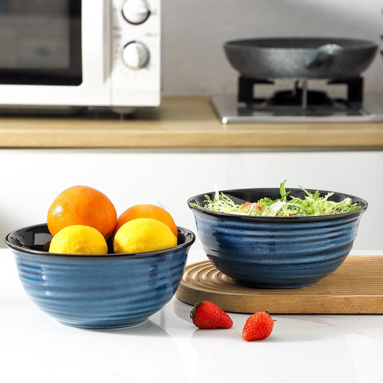 MEKY 65oz Ceramic Mixing Bowls Set of 2, Deep Large Ribbed Serving Bowls for Salad, Pasta, Ramen, Soup, Durable Kitchen Bowl Set, Microwave Oven Dishwasher Safe Porcelain,Blue