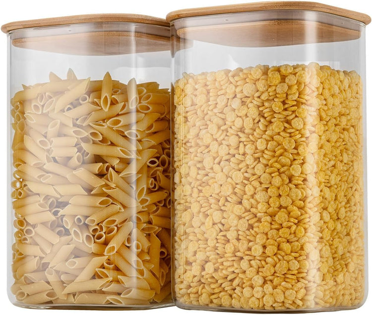 156oz Airtight Glass Square Storage Canister with Bamboo Lid Set of 2(4600ml*2) Large Gallon Glass Jars for Sugar, Flour, Cookies and Coffee beans (with Black Lable)