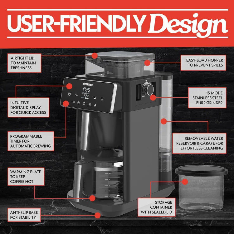 Gourmia 10-Cup Grind & Brew Coffee Maker – Built-in Adjustable Grinder, Programmable Digital Timer, 3 Brew Strengths, 4-Hour Keep-Warm, Auto Shut-Off, Pause & Serve, Glass Carafe, Stainless Steel