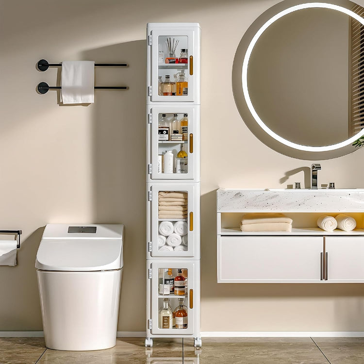4 Tier Tall Plastic Slim Storage Cabinet with Lockable Wheels