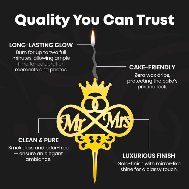 Mr and Mrs Reusable Gold Romantic Cake Candle - Luxury Cake Topper Candle for Birthdays, Weddings & Anniversaries - Reusable Food Safe Acrylic, Shiny Mirror Finish - Happy Birthday Cake Topper Decor