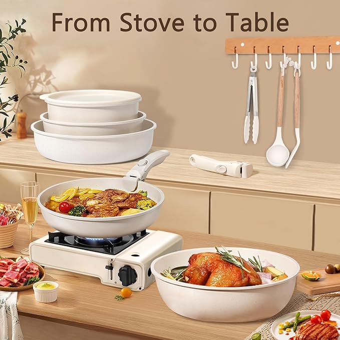 GiPP Ceramic Pots and Pans Set Non Stick, Nonstick Detachable Handle Cookware Sets, Healthy Non Toxic PFAS PFOA & PTFE Free, Dishwasher &Oven Safe, Induction Kitchen Pot and Pan, 21 Piece Cream