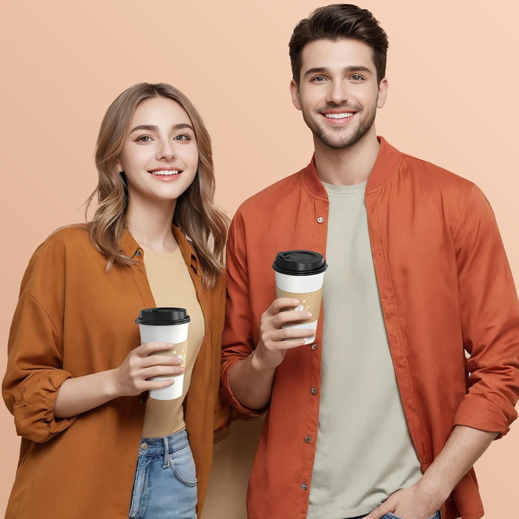 Coffee Cups with Lids and Sleeves, 16 oz 50 pack To Go Cups with Lids, Paper Hot Coffee Cups for Hot & Cold Beverage (White, 16 oz)