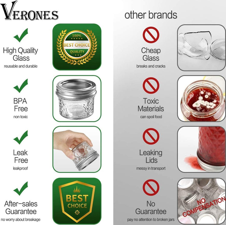VERONES Mason Jars Canning Jars, 4 OZ Jelly Jars With One Piece Regular Lids, Ideal for Jam, Honey, Wedding Shower Favors, DIY Spice Jars, 40 PACK