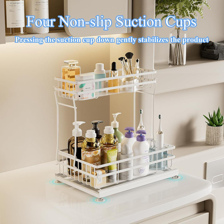 1 Pack Under Sink Organizers and Storage, 2 Tier Pull Out Cabinet Organizer, Metal Sliding Drawer Storage for Kitchen Bathroom,White