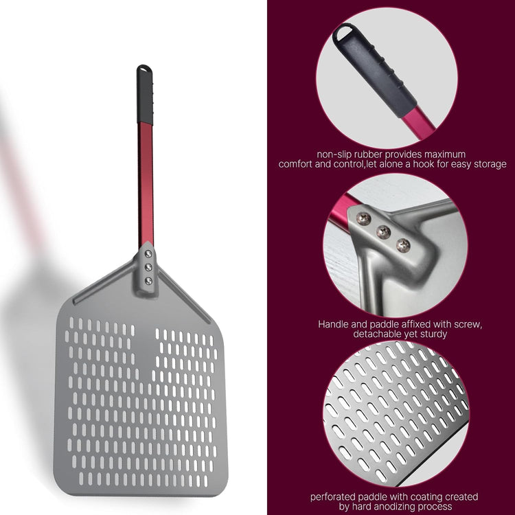 crosson 12”×16" Perforated Pizza Peel, Pizza Spatula Paddle, Lightweight Pizza Turning Peel with 16“ Long Handle, Pizza Oven Accessories, Pizza Tools, Rectangle Pizza Turner