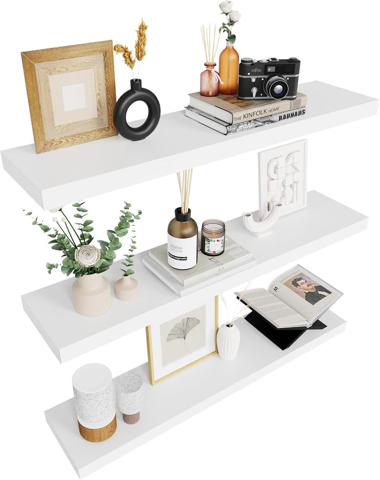 Colima Floating Shelves for Wall White Wood Shelf for Bedroom, 36 Inch Wall Mounted Floating Shelves for Bathroom Living Room Kitchen Office, 1.3" Thick Floating Book Shelves for Wall, Set of 3