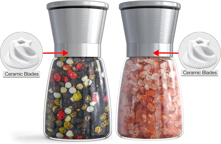 Salt and Pepper Grinder Set - Refillable Grinder Adjustable Coarseness of Pepper Salt Spice Stainless Steel Mills Glass 6oz(2 Pack)