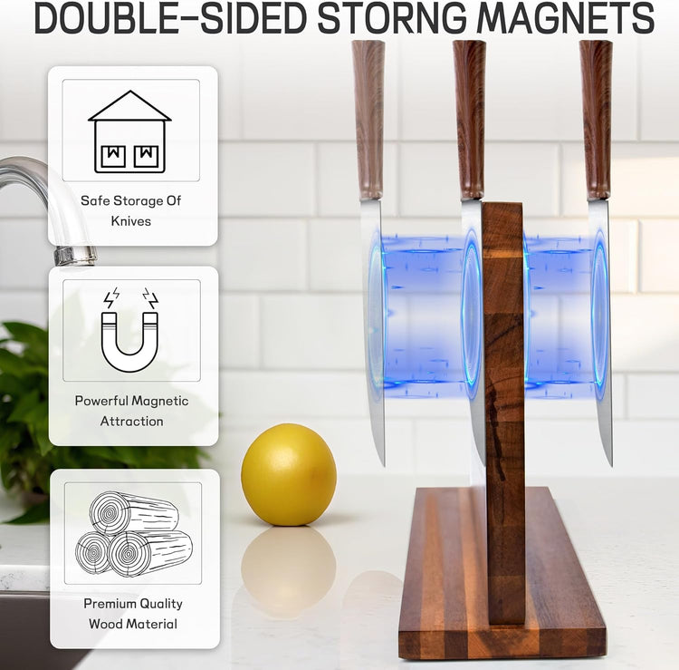 Home Kitchen Magnetic Knife Block,Double Sided Magnetic Knife Holder Rack for Kitchen Counter,Acacia Wood with Strong Enhanced Magnets Knife Storage Stand
