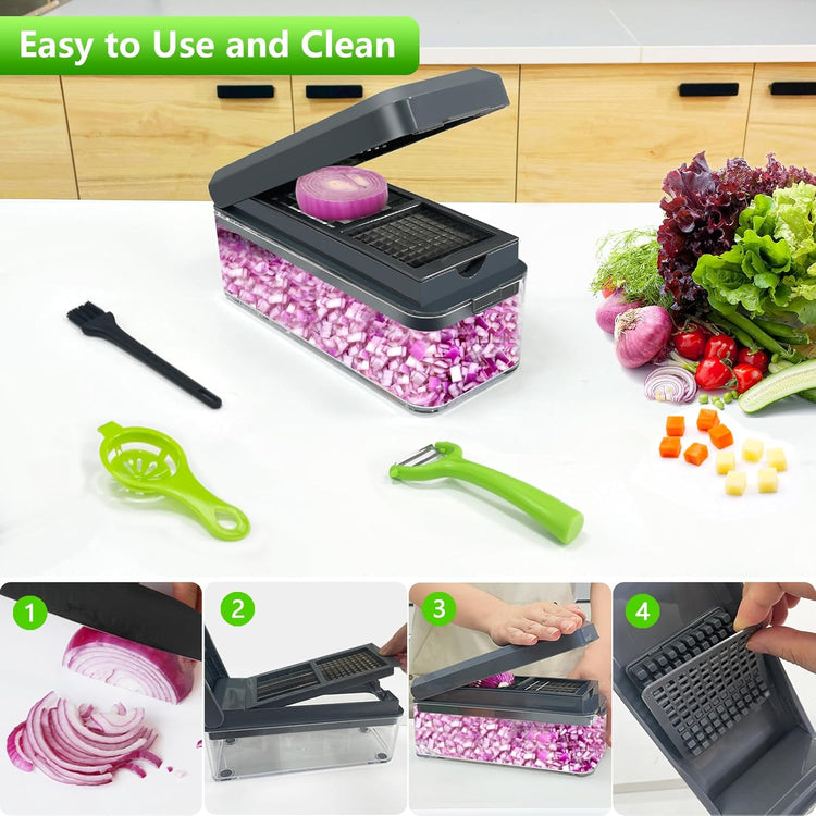 Vegetable Chopper, Onion Chopper Dicer, Mandoline Slicer with Container, Vegetable Cutter for Salad Potato Carrot Garlic(2 Blades, Grey)