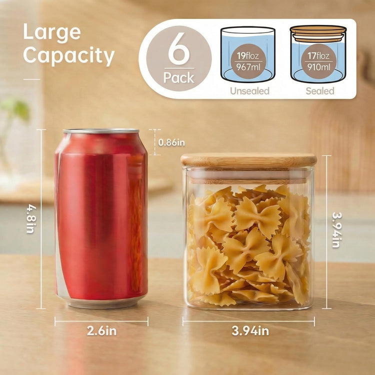 27 oz Square Glass Food Storage Containers with Airtight Bamboo Lids (6 Count)