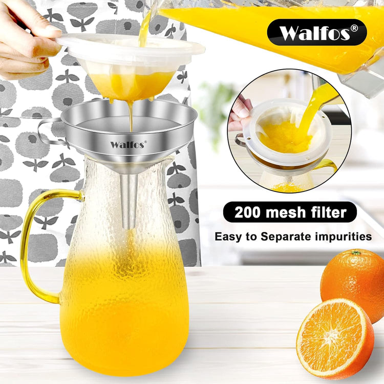 Walfos 3Pcs Kitchen Funnel with 2 Removable Strainer & 1 Cleaning Brush & 1Pc 200 Mesh Food Filter Strainer, Food Grade Stainless Steel Funnel for Transferring of Liquid, Oils, Jam, Dry Ingredients