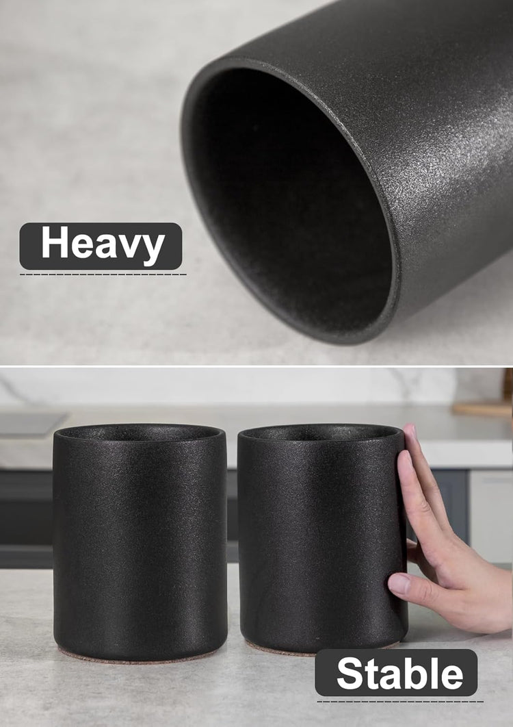 Nucookery Utensil Holder, 6.4" Ceramic Kitchen Utensil Holder with Countertop-Protection Cork Bottom, Farmhouse Kitchen Decor for Counter, Christmas Gift (Stone Black)