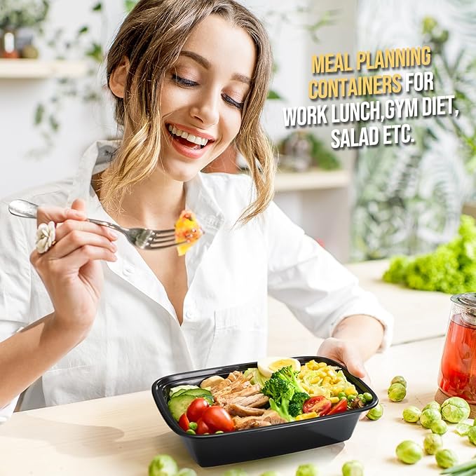 100-Piece (50-Pack) 34 OZ Meal Prep Containers Reusable with Lids, Sturdy Leakproof & Food Safe, Microwave, Freezer, Dishwasher Safe To Go Food Containers, Plastic Take Out Containers, Black