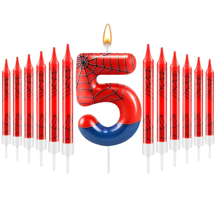 13 Pcs Spider Themed Birthday Candle Set Red Spider Theme Number 5 Candle Cake Topper for Boys Girls Birthday Decoration Spider Party Decoration Supplies (13 Count)