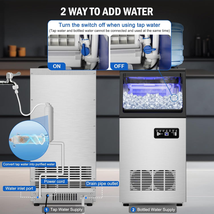 Commercial Ice Maker Machine 130 LBS/24H, 45 Ice Trays Freestanding & Undercounter Ice Machine Stainless Steel with 20 LBS Ice Storage Capacity, Ice Maker with Water Line and Filter, Dual Water Inlet