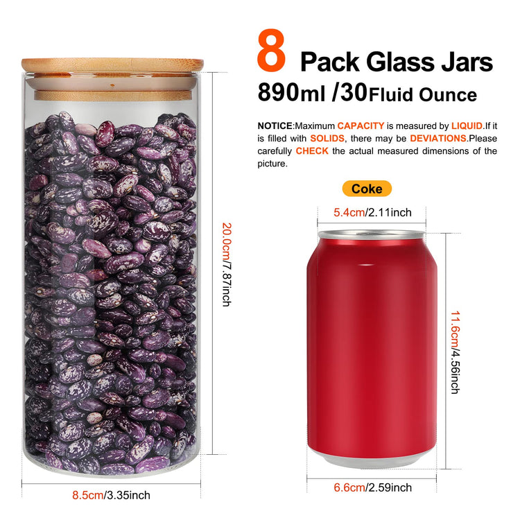 8 Pack 30 oz Glass Jars with Airtight Bamboo Lids for Kitchen (8 Count)