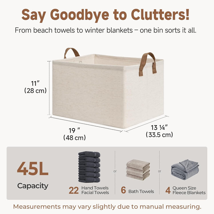 StorageWorks Storage Bins, Shelves Baskets for Organizing, 45L Extra Large Fabric Closet Organizers with Handles, Metal Frame, Beige(Cotton-linen), 2-Pack