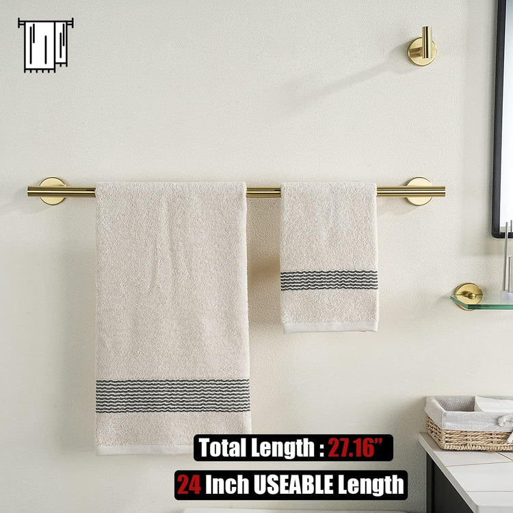 JQK Bath Towel Bar, 27 Inch Brushed Light Gold Towel Rack Bathroom, 304 Stainless Steel Thicken 0.8mm Towel Holder Wall Mount, Useable Length 24 Inch 2 Pack, TB110L24-BG-P2